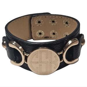 Black Faux Leather Monogram Snap Bracelet – Gold Tone Hardware